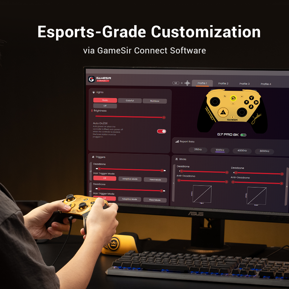 Gamesirs G7 Pro 8K PC Champion Edition through its dedicated Gamesirs Connect Software.1. Trigger Customization (LT & RT)The software provides granular control over the Hall Effect analog triggers:Deadzone Adjustment: Sliders allow you to set the starting and ending points of the trigger pull. This ensures the trigger only registers when you want it to, preventing accidental inputs.Hair Trigger Mode: This can be toggled on to eliminate the analog travel distance digitally, making the trigger respond instantly like a mouse click.Adaptive & Fixed Modes: Players can choose different response curves to match the game type, such as a linear pull for racing or a more aggressive response for shooters.2. Comprehensive Performance TuningWhile the triggers are the focus of this specific screen, the Gamesirs Connect suite typically allows for:Stick Calibration: Setting deadzones and response curves for the Gen-2 TMR magnetic sticks.Button Remapping: Reassigning any face button or bumper, including the four extra macro buttons.Polling Rate Selection: Toggling between different report rates, up to the flagship 8000Hz (8K) for the lowest possible latency.Vibration Intensity: Adjusting the strength of the four independent rumble motors.Why it's 