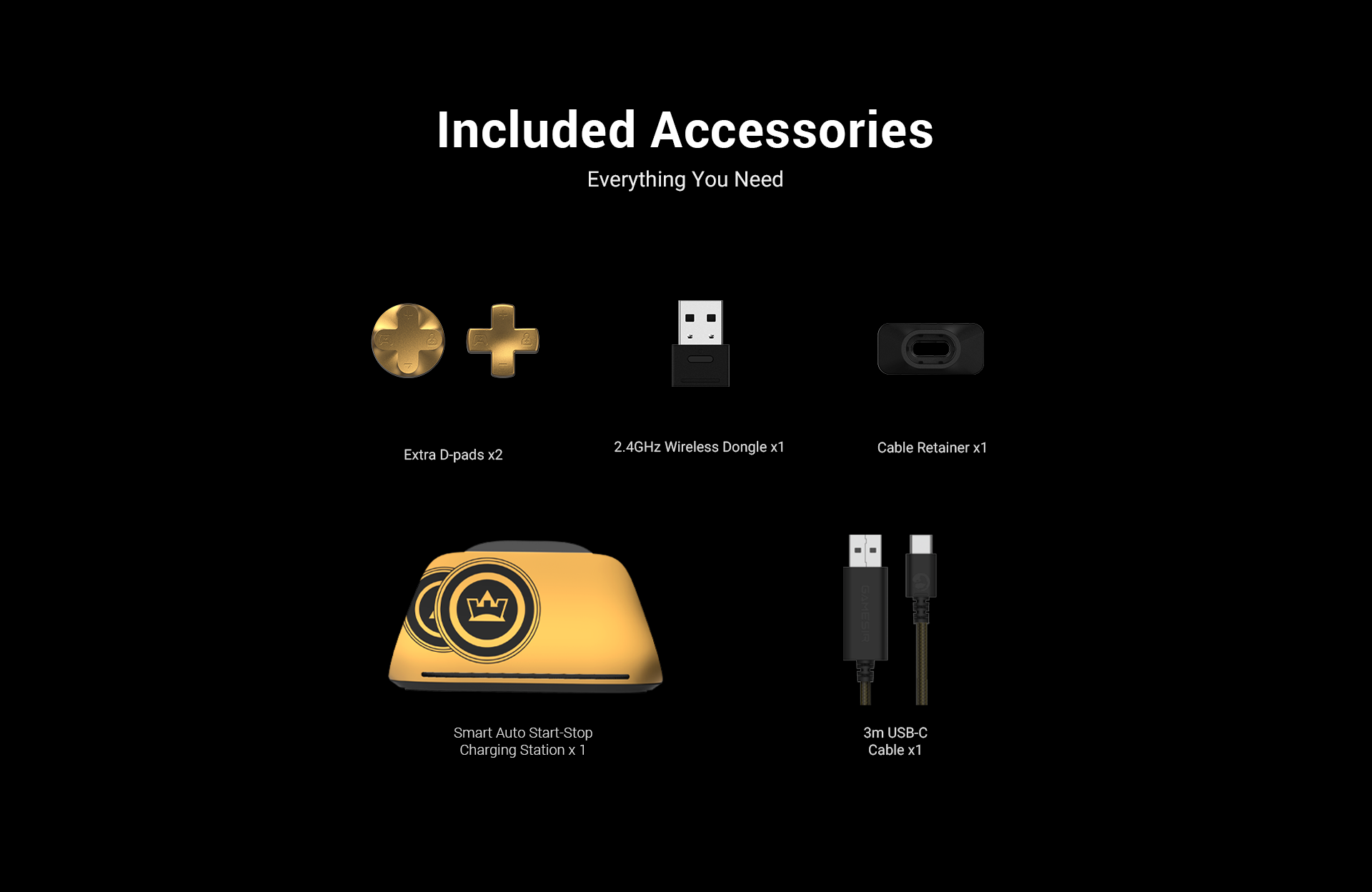 The Included Accessories for the Gamesirs G7 Pro 8K PC Champion Edition, a flagship wireless esports controller bundle co-created with world fighting game champion XiaoHai.1. Smart Auto Start-Stop Charging Station (x1)Themed Design: This gold-and-black magnetic dock features a crown icon on the front, representing XiaoHai’s status as a champion. It also showcases icons commemorating his 2024 & 2025 EWC (Esports World Cup) victories.Smart Functionality: It features an 