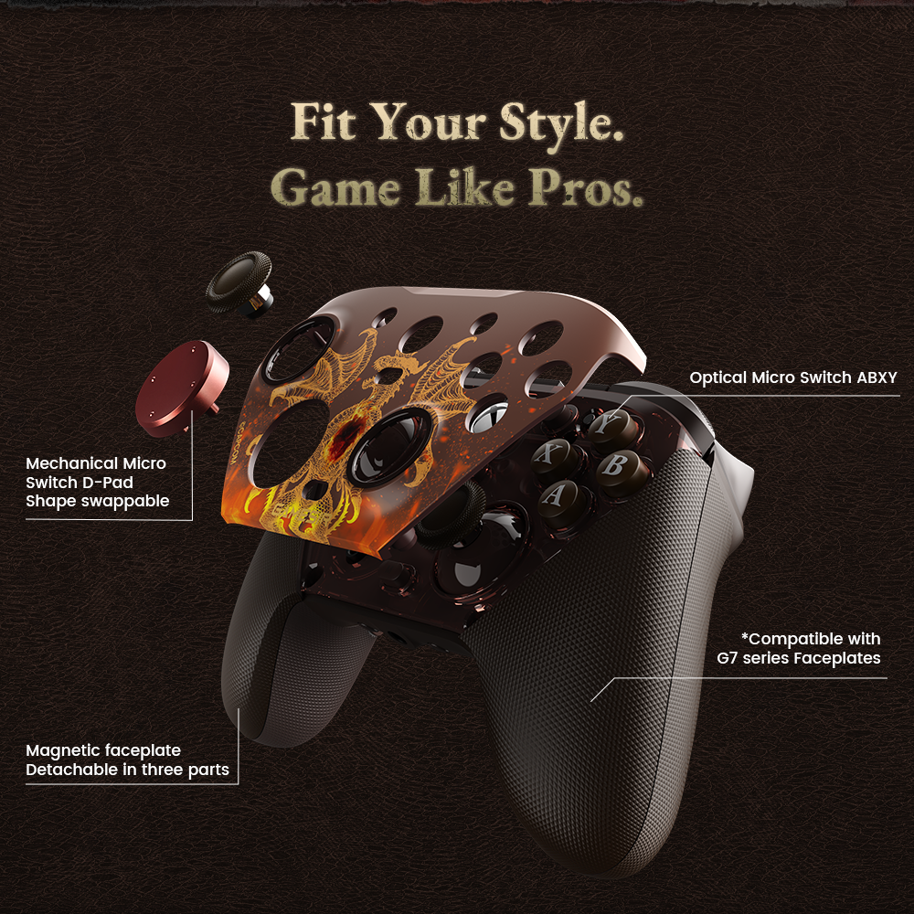 1. Professional Customization & AestheticsThe controller is designed to be personalized both visually and functionally:Three-Part Magnetic Faceplate: The faceplate features exclusive Dragon's Dogma 2 artwork (depicting the Dragon and the heart). It is detachable in three separate magnetic parts, allowing for easy cleaning or mixing and matching.G7 Series Compatibility: It remains compatible with standard Gamesirs G7 series faceplates, offering a wide range of aesthetic options.Shape-Swappable D-Pad: The D-pad uses Mechanical Micro Switches for a crisp, clicky feel and allows you to swap between different shapes (e.g., cross vs. circular) to suit your preference for action or fighting games.2. Ultra-Fast Optical & Mechanical ButtonsTo match its internal speed, the controller uses premium switch technology for every press:Optical Micro Switch ABXY: These buttons use light-based actuation rather than physical contact, providing near-instant triggers and significantly higher durability than traditional rubber dome buttons.Tactile Feedback: Every button press provides a sharp, 