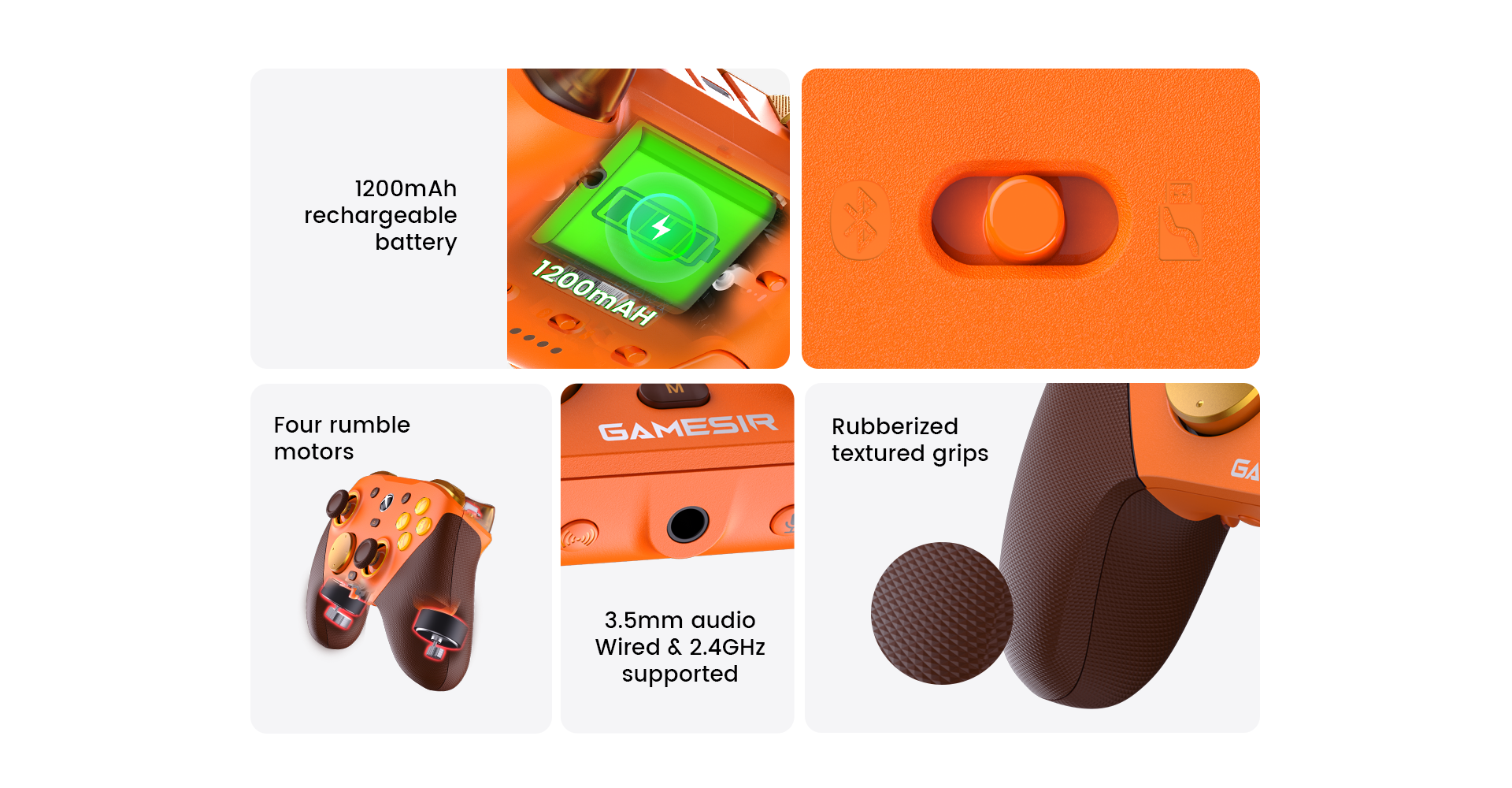 Gamesirs G7 Pro: 1200mAh battery, quad-motor rumble, 3.5mm audio (Wired/2.4GHz), and premium rubberized textured grips.