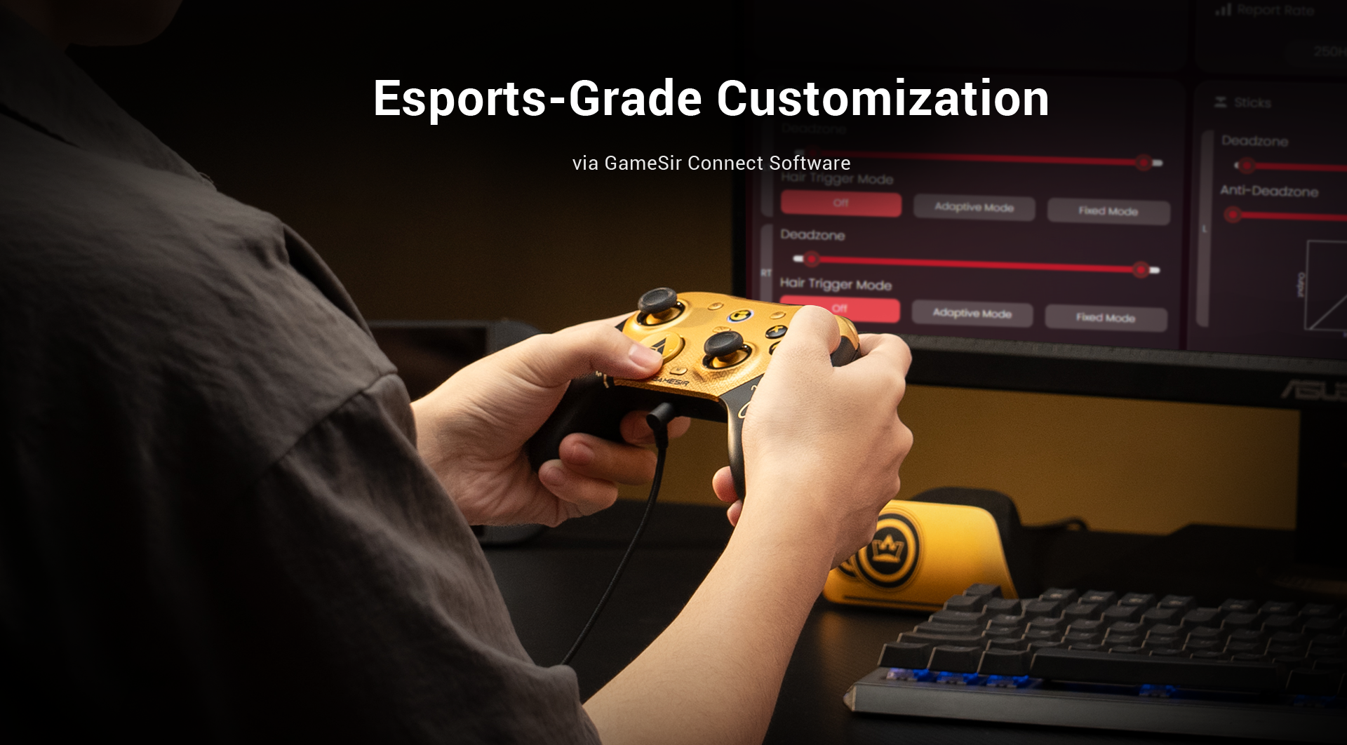 Gamesirs G7 Pro 8K PC Champion Edition through its dedicated Gamesirs Connect Software.1. Trigger Customization (LT & RT)The software provides granular control over the Hall Effect analog triggers:Deadzone Adjustment: Sliders allow you to set the starting and ending points of the trigger pull. This ensures the trigger only registers when you want it to, preventing accidental inputs.Hair Trigger Mode: This can be toggled on to eliminate the analog travel distance digitally, making the trigger respond instantly like a mouse click.Adaptive & Fixed Modes: Players can choose different response curves to match the game type, such as a linear pull for racing or a more aggressive response for shooters.2. Comprehensive Performance TuningWhile the triggers are the focus of this specific screen, the Gamesirs Connect suite typically allows for:Stick Calibration: Setting deadzones and response curves for the Gen-2 TMR magnetic sticks.Button Remapping: Reassigning any face button or bumper, including the four extra macro buttons.Polling Rate Selection: Toggling between different report rates, up to the flagship 8000Hz (8K) for the lowest possible latency.Vibration Intensity: Adjusting the strength of the four independent rumble motors.Why it's 