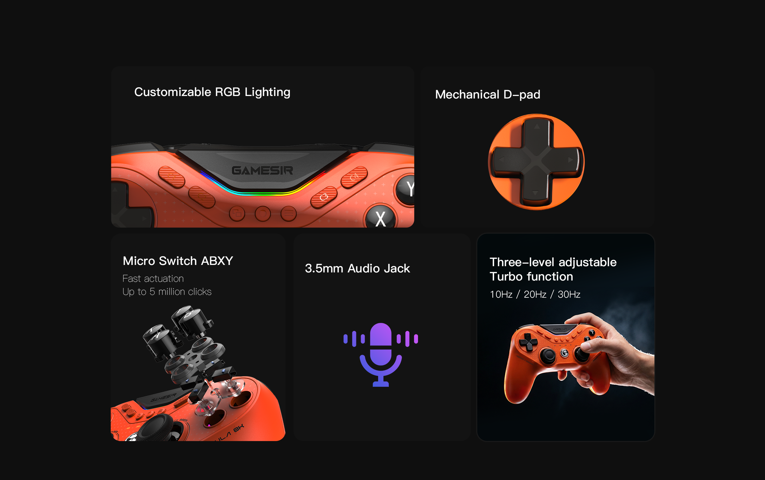 Gamesirs Tarantula 8K PC (Standard Edition).Continuing the breakdown of this specialized esports tool, here are the technical details for the components shown:1. Micro Switch ABXYThe face buttons are a standout feature designed for extreme responsiveness.[1]Tactile Technology: They utilize Micro Switches, the same technology found in high-end gaming mice. This provides a short, crisp, 