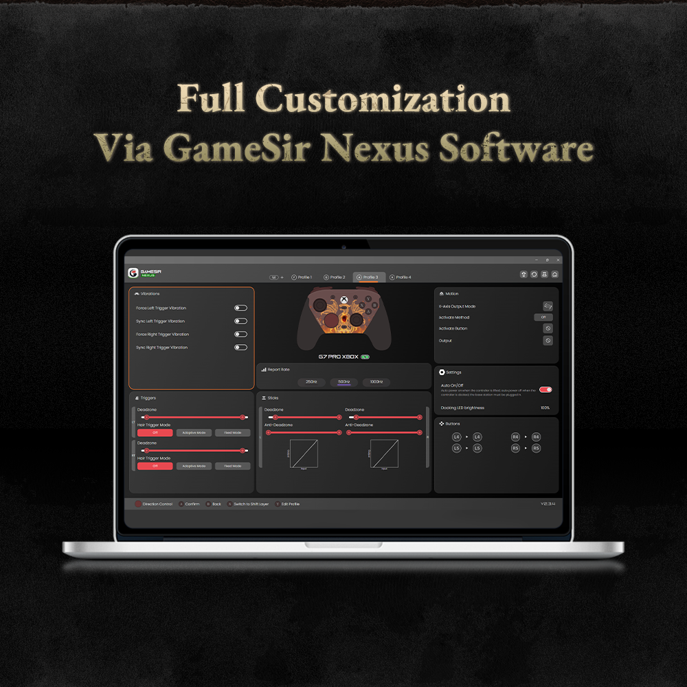 The Full Customization capabilities of the Gamesirs G7 Pro Dragon's Dogma 2 Edition via the GameSir Nexus Software.The software interface shown on the laptop screen allows players to fine-tune every aspect of the controller's performance:Vibrations: Independently adjust the force and sync levels for the four rumble motors (left/right triggers and left/right grips).Triggers: Set deadzones and toggle between 