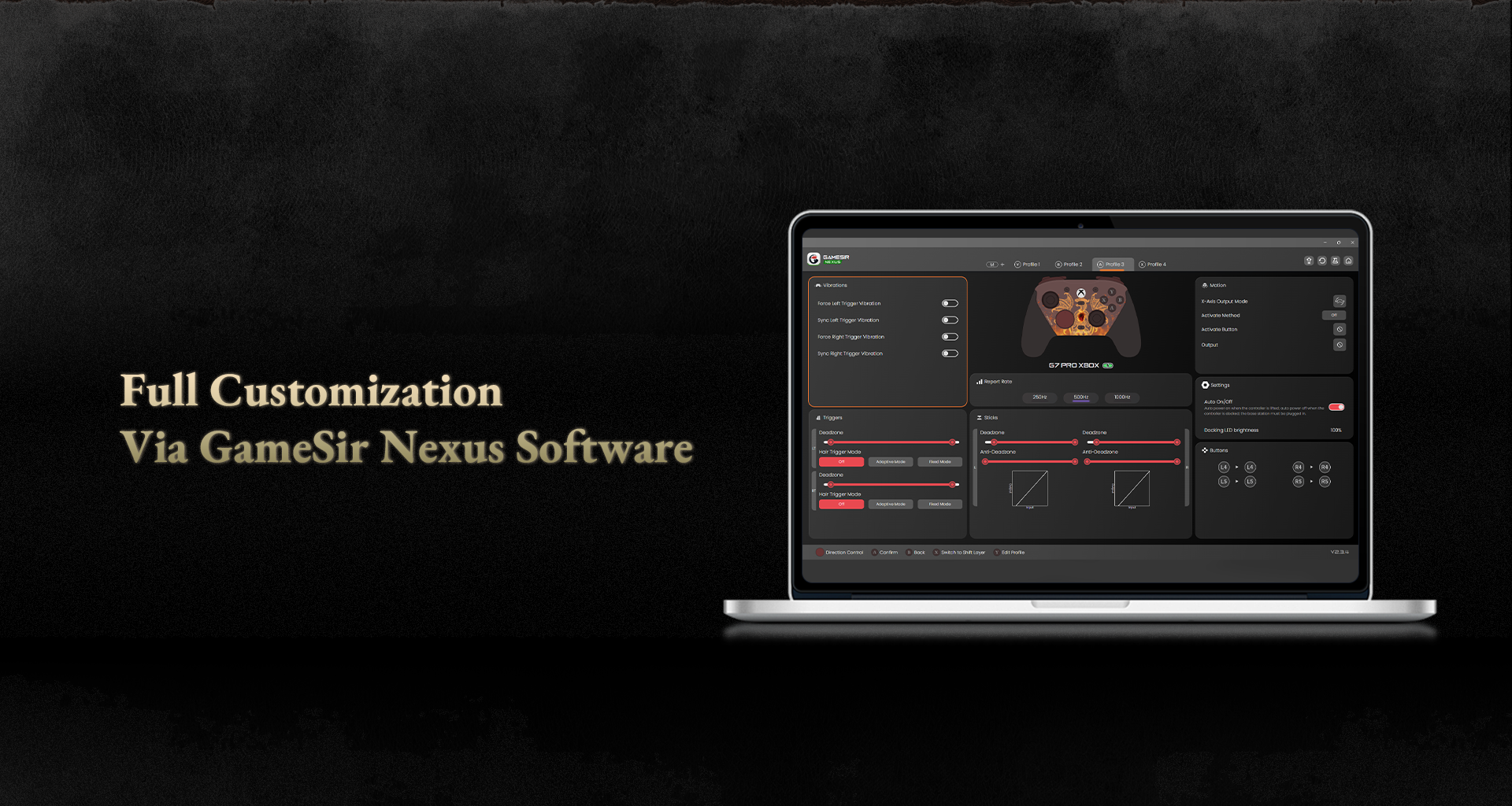 The Full Customization capabilities of the Gamesirs G7 Pro Dragon's Dogma 2 Edition via the GameSir Nexus Software.The software interface shown on the laptop screen allows players to fine-tune every aspect of the controller's performance:Vibrations: Independently adjust the force and sync levels for the four rumble motors (left/right triggers and left/right grips).Triggers: Set deadzones and toggle between 