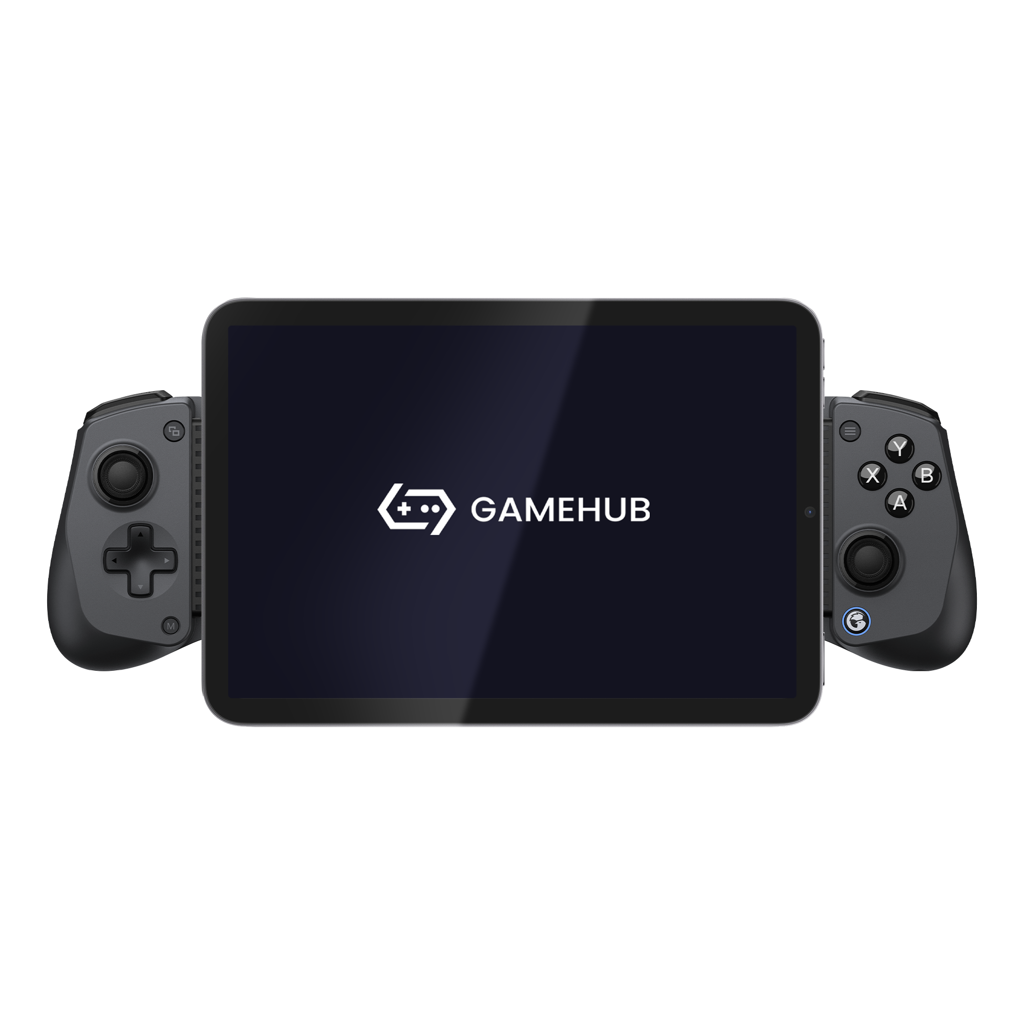Gamesirs X5s wireless mobile game controller attached to a tablet displaying GameHub logo, compatible with multiple devices including Switch and PC.