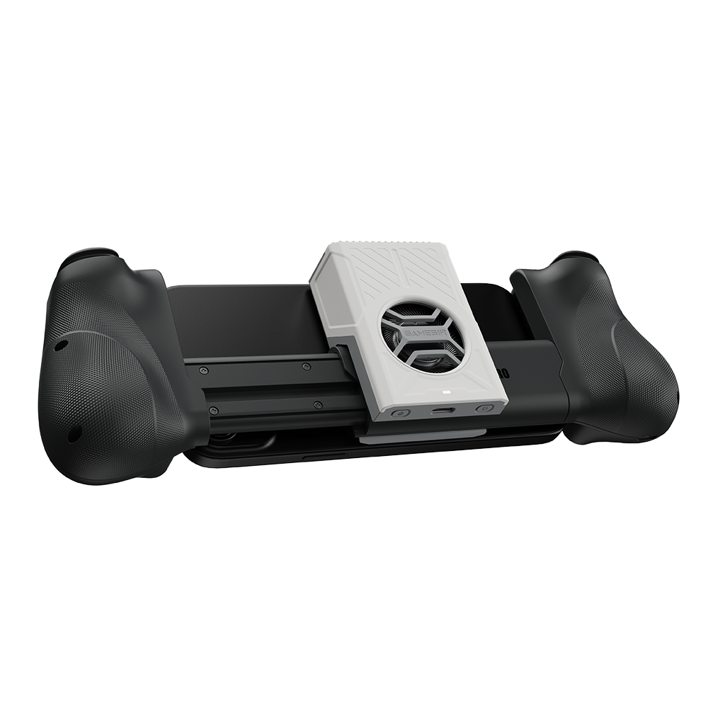 Gamesirs FX5 Lite cooler attached to Gamesirs X5 series controller for enhanced heat dissipation and cooling during gameplay