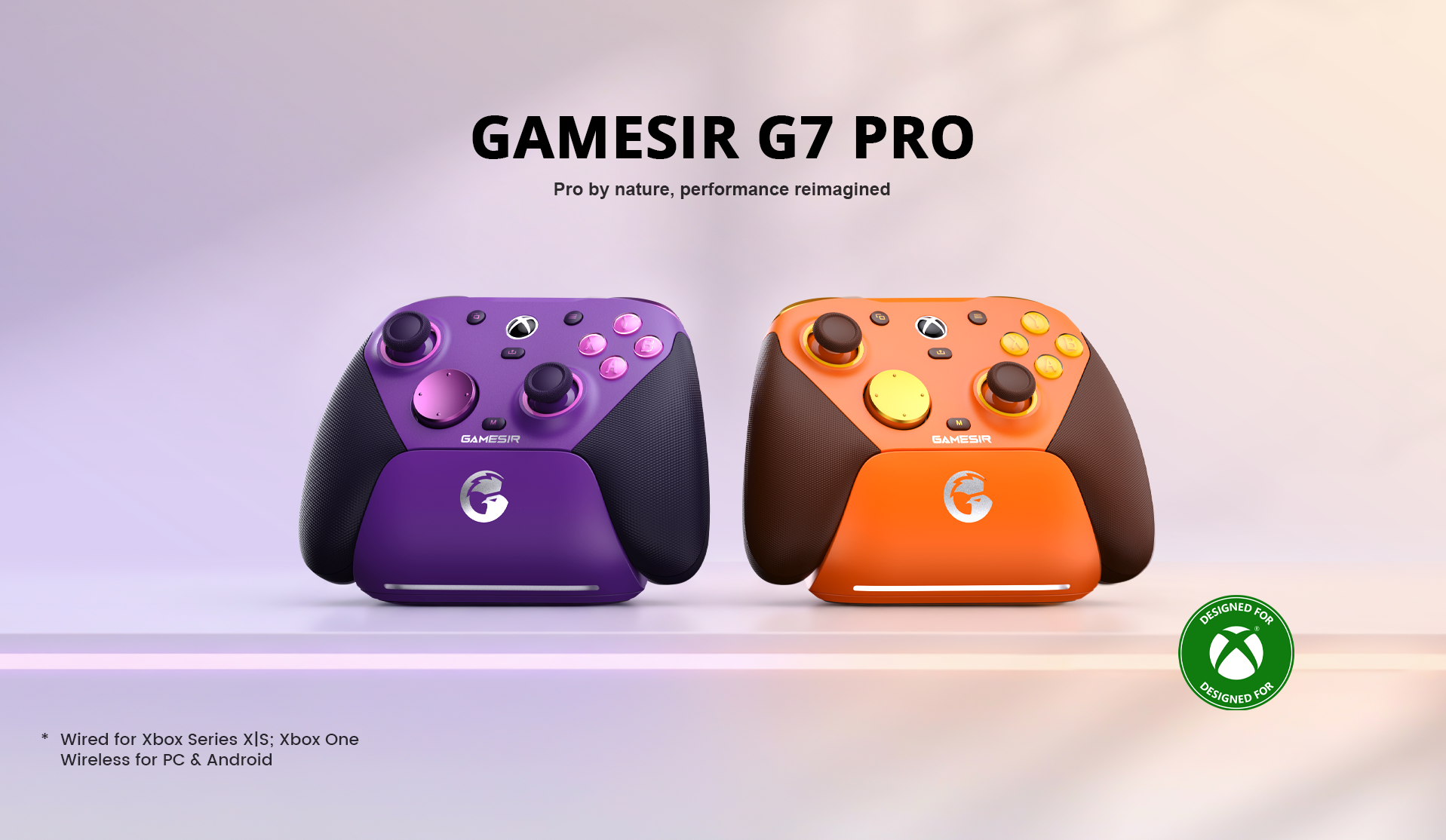 Gamesirs G7 Pro: An Xbox-licensed controller with wired Xbox and wireless PC/Android support. Available in Purple and Amber with integrated charging docks.
