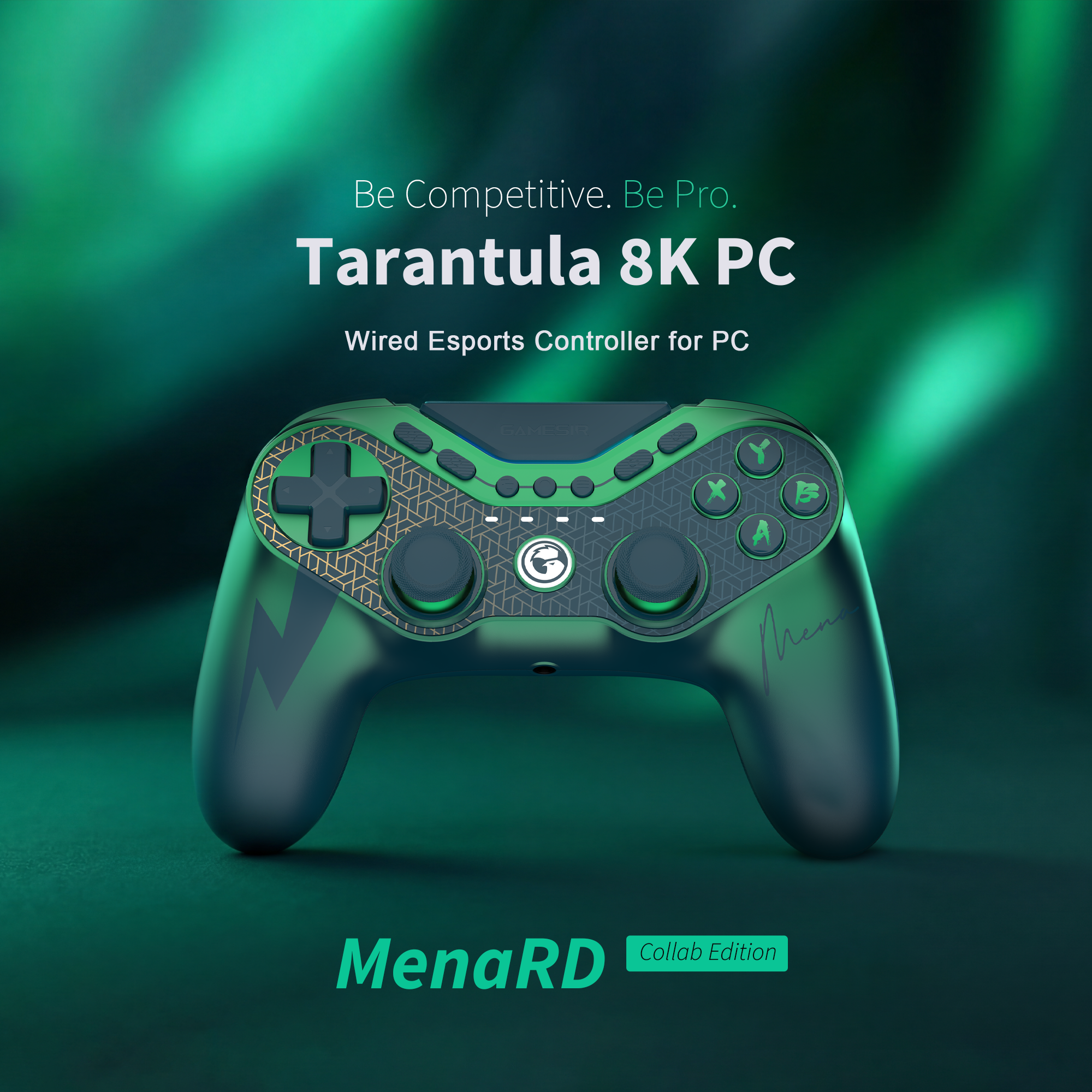 Gamesirs Tarantula 8K PC, a high-performance wired esports controller. This specific version is the MenaRD Collab Edition, a tribute to the legendary two-time Capcom Cup champion, Saul Leonardo 