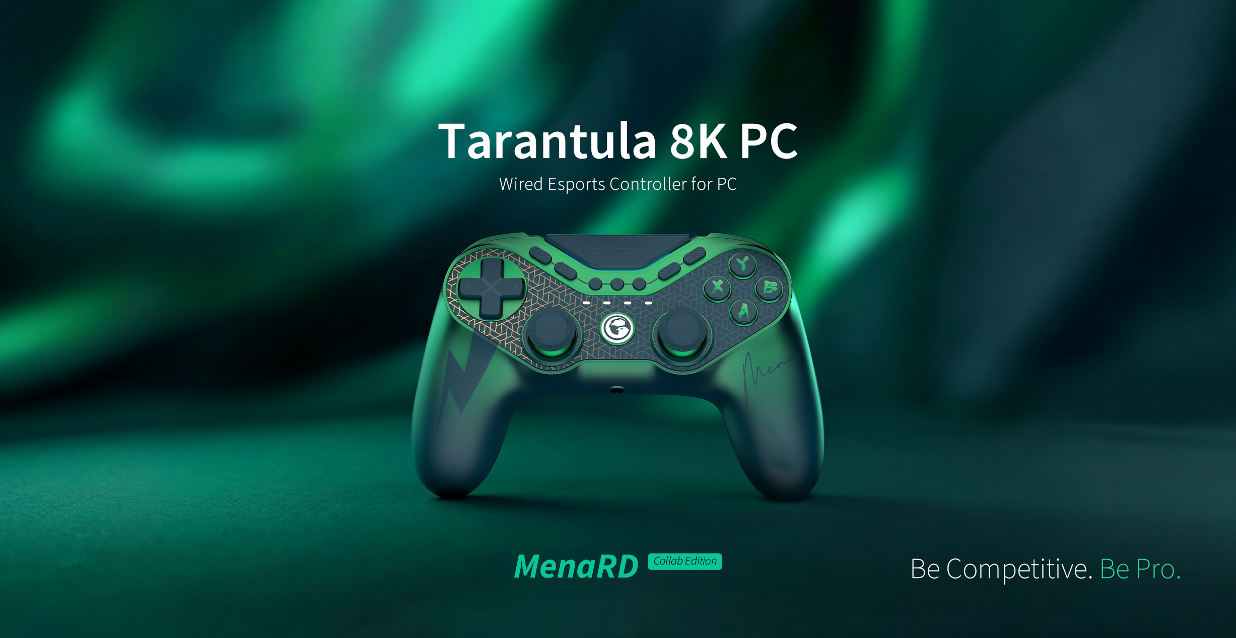 Gamesirs Tarantula 8K PC, a high-performance wired esports controller. This specific version is the MenaRD Collab Edition, a tribute to the legendary two-time Capcom Cup champion, Saul Leonardo 
