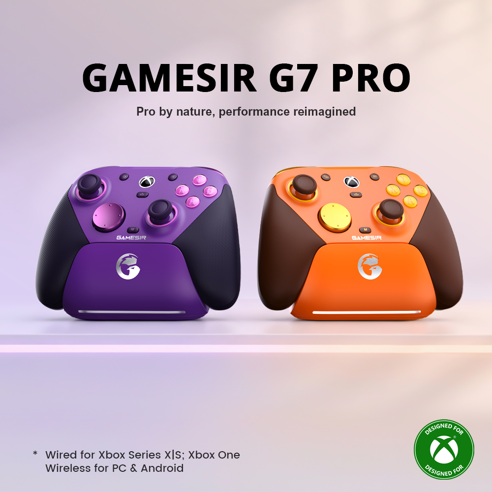 Gamesirs G7 Pro: An Xbox-licensed controller with wired Xbox and wireless PC/Android support. Available in Purple and Amber with integrated charging docks.