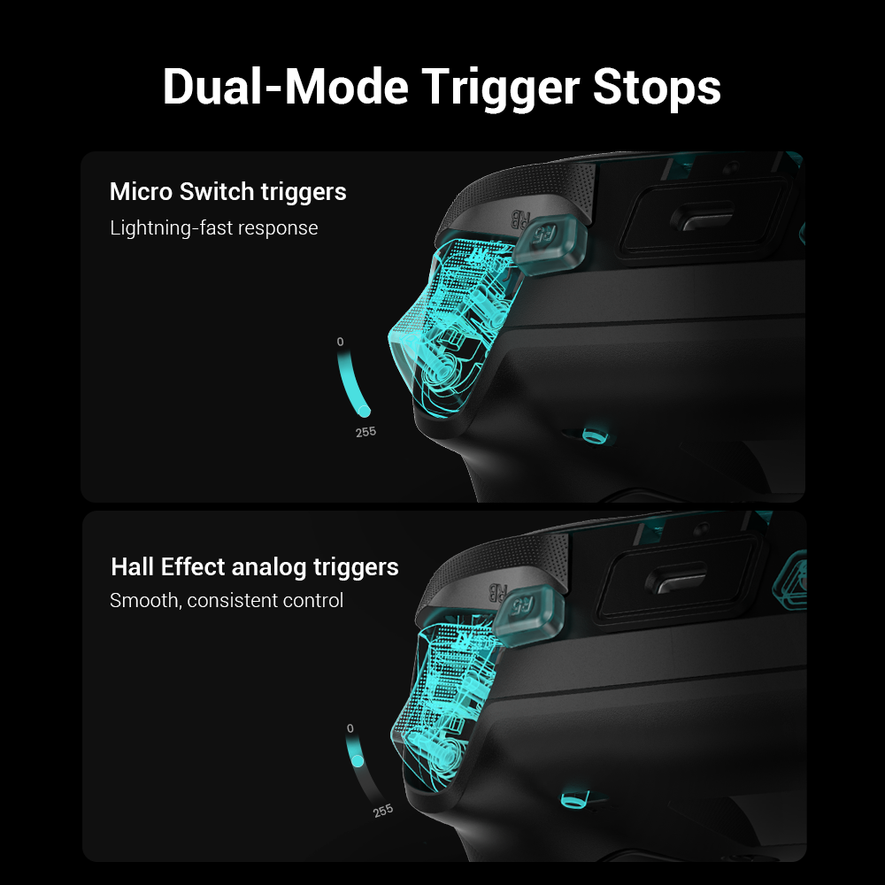 Dual-Mode Trigger StopsDual-mode trigger stops, letting you switch effortlessly between Hall Effect analog triggers and micro switch triggers. Precision-tuned Hall Effect analog triggers deliver smooth, linear input for accurate control, while clicky micro switch triggers provide instant response. Whether you need precise linear control or ultimate responsiveness, it gives you the competitive edge.