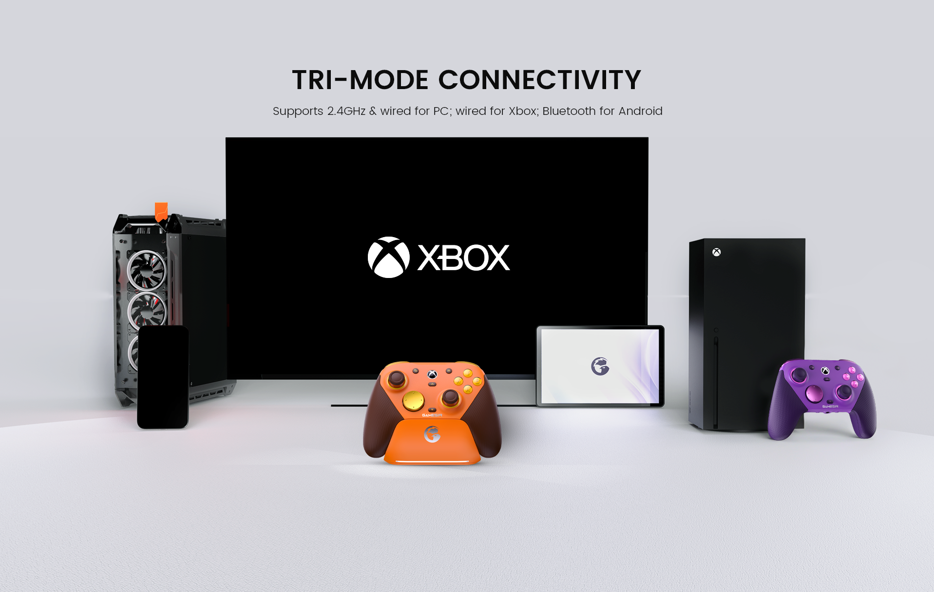 The Gamesirs G7 Pro features tri-mode connectivity: 2.4GHz/wired for PC, Bluetooth for Android, and wired for Xbox.