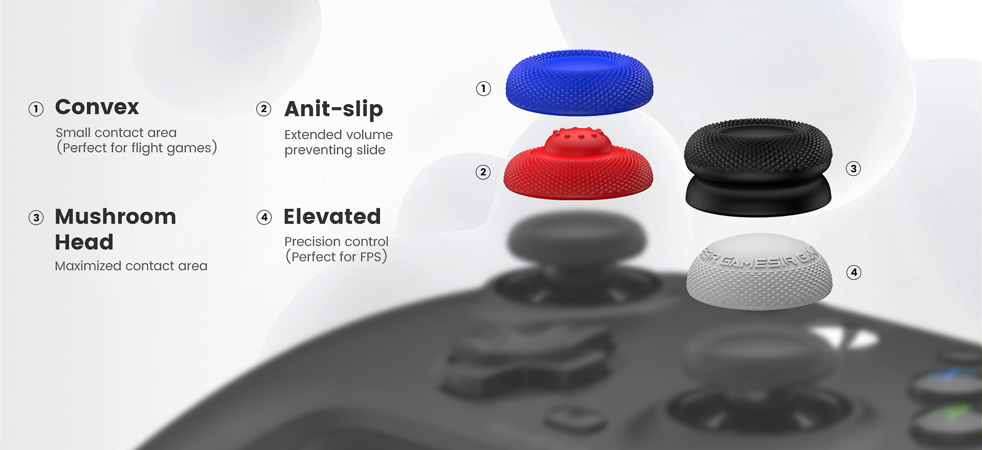 four function options of Gamesirs red, blue, gray, black thumb grip caps: convex, anti-slip, mushroom head, elevared