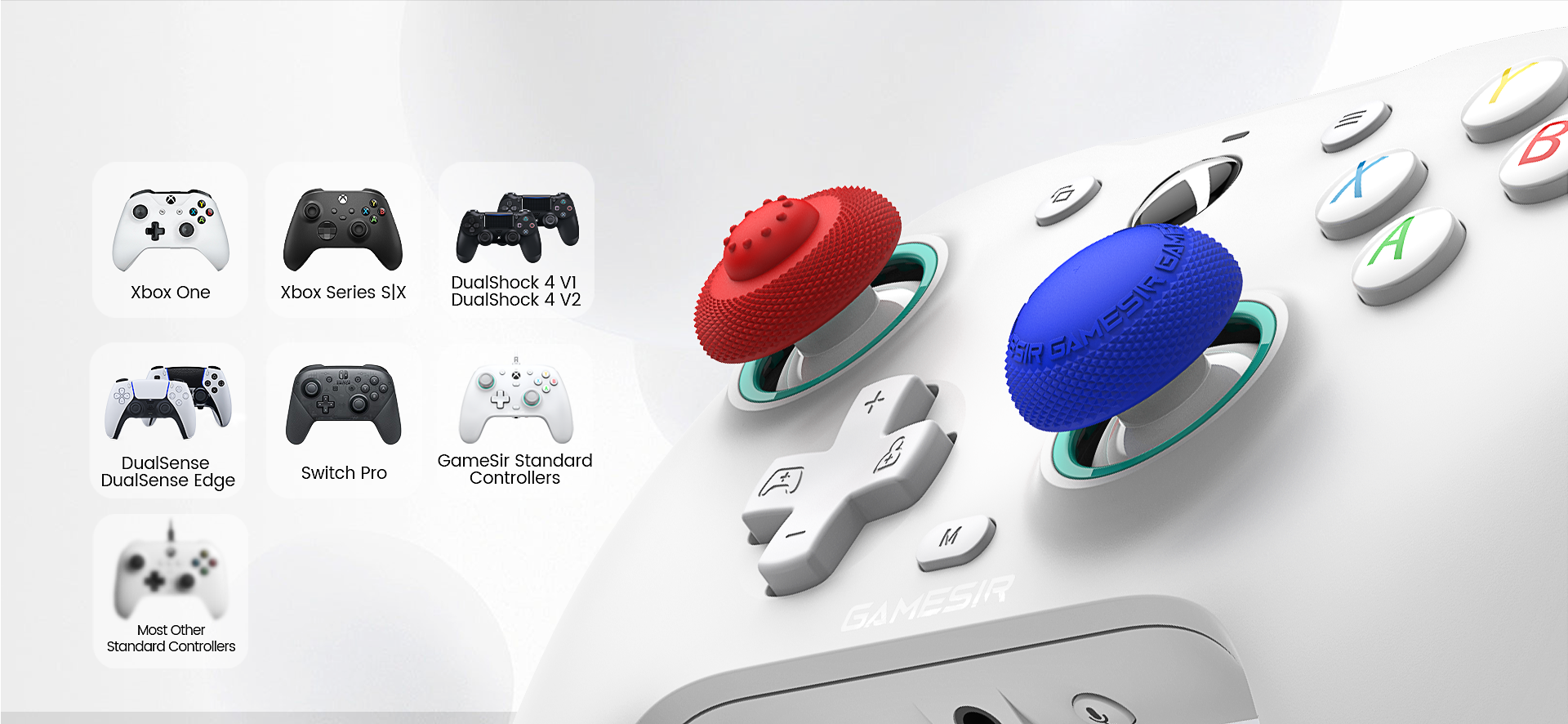 Gamesirs thumb grip caps paired with various devices