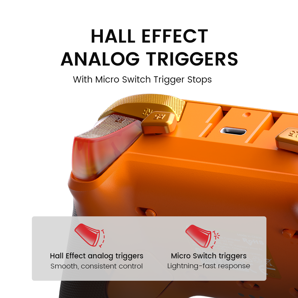 Gamesirs G7 Pro features Hall Effect analog triggers for smooth, precise control, along with micro switch trigger stops for lightning-fast response in competitive gaming.
