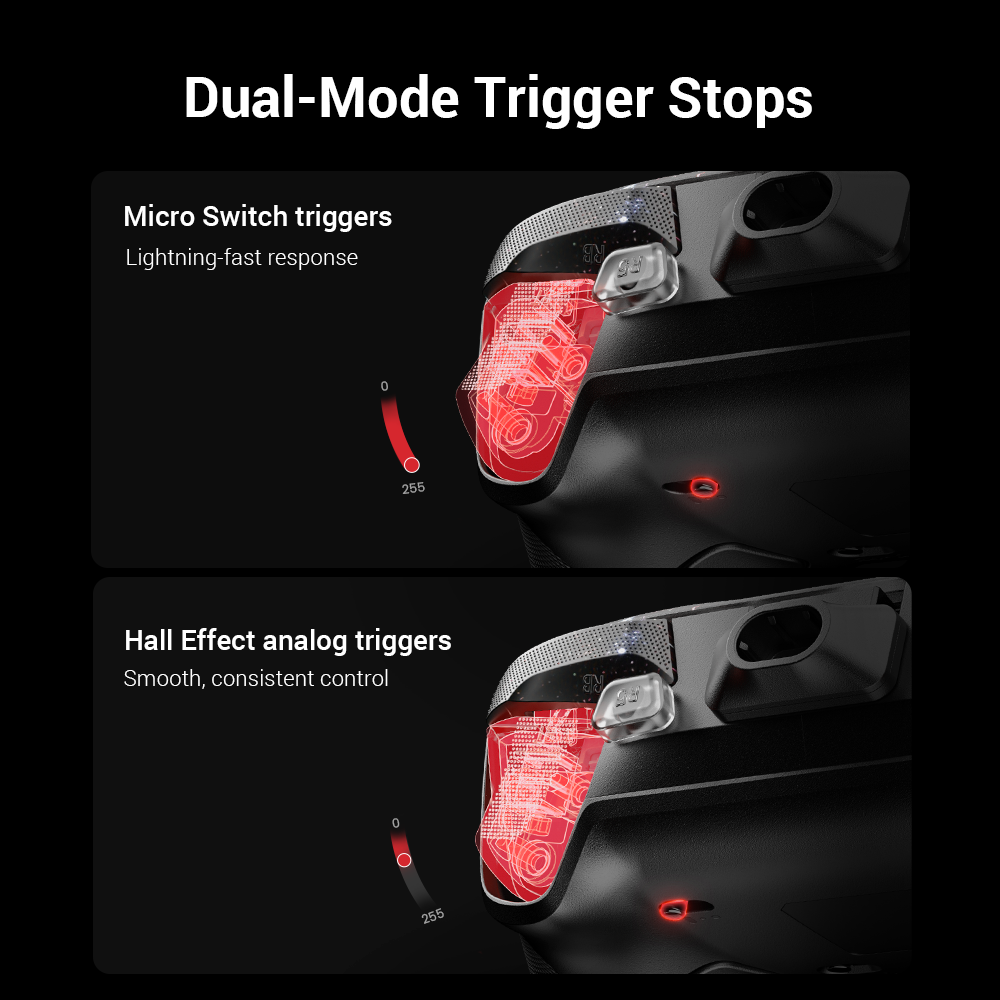 Gamesirs G7 Pro 8K PC Royal2 Edition Dual-Mode Trigger Stops The G7 Pro 8K PC Royal2 Edition features dual-mode trigger stops, letting you switch effortlessly between Hall Effect analog triggers and micro switch triggers. Precision-tuned Hall Effect analog triggers deliver smooth, linear input for accurate control, while clicky micro switch triggers provide instant response. Whether you need precise linear control or ultimate responsiveness, it gives you the competitive edge.