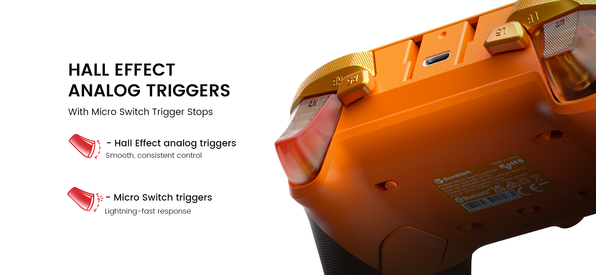 Gamesirs G7 Pro features Hall Effect analog triggers for smooth, precise control, along with micro switch trigger stops for lightning-fast response in competitive gaming.