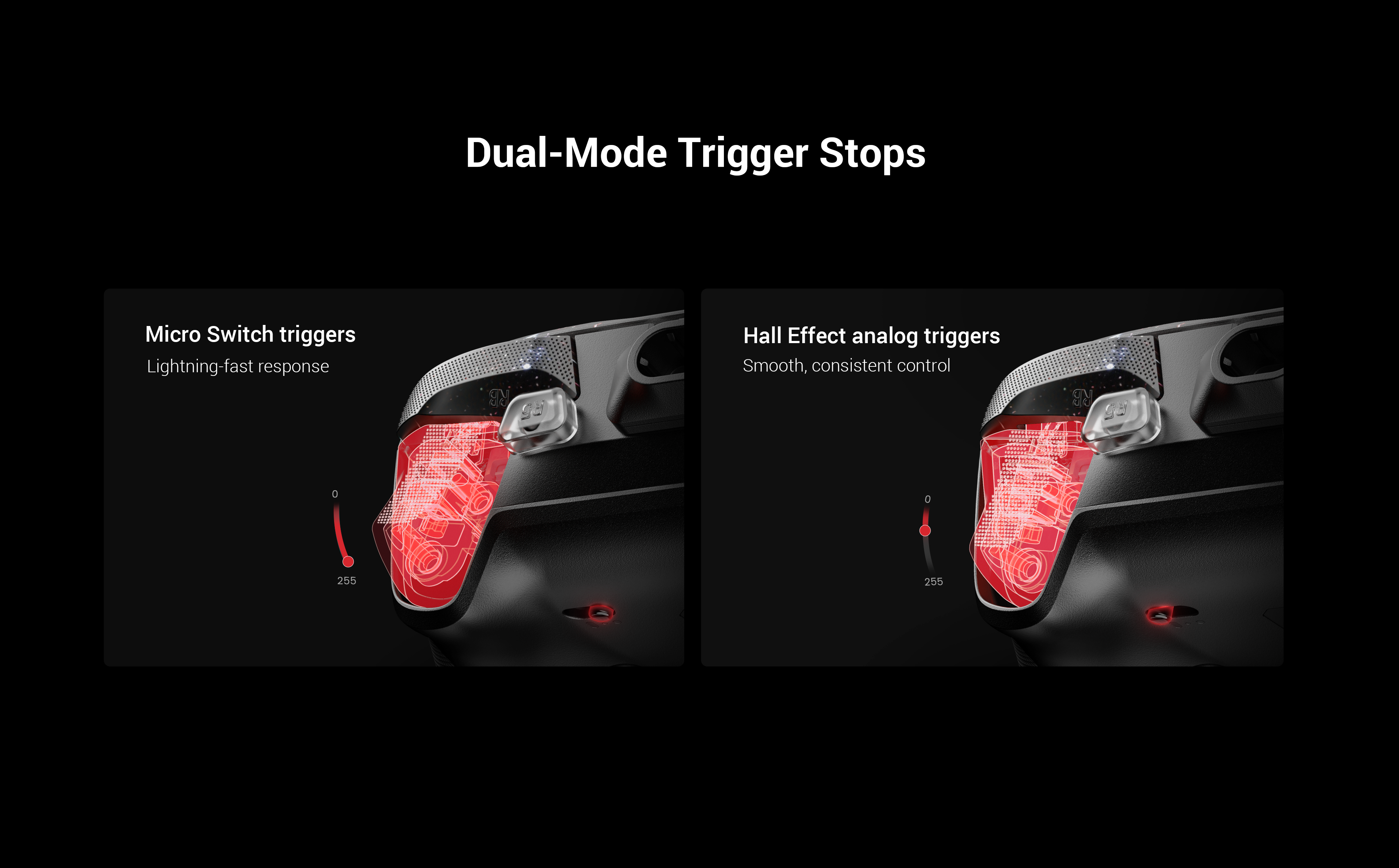 Gamesirs G7 Pro 8K PC Royal2 Edition Dual-Mode Trigger Stops The G7 Pro 8K PC Royal2 Edition features dual-mode trigger stops, letting you switch effortlessly between Hall Effect analog triggers and micro switch triggers. Precision-tuned Hall Effect analog triggers deliver smooth, linear input for accurate control, while clicky micro switch triggers provide instant response. Whether you need precise linear control or ultimate responsiveness, it gives you the competitive edge.