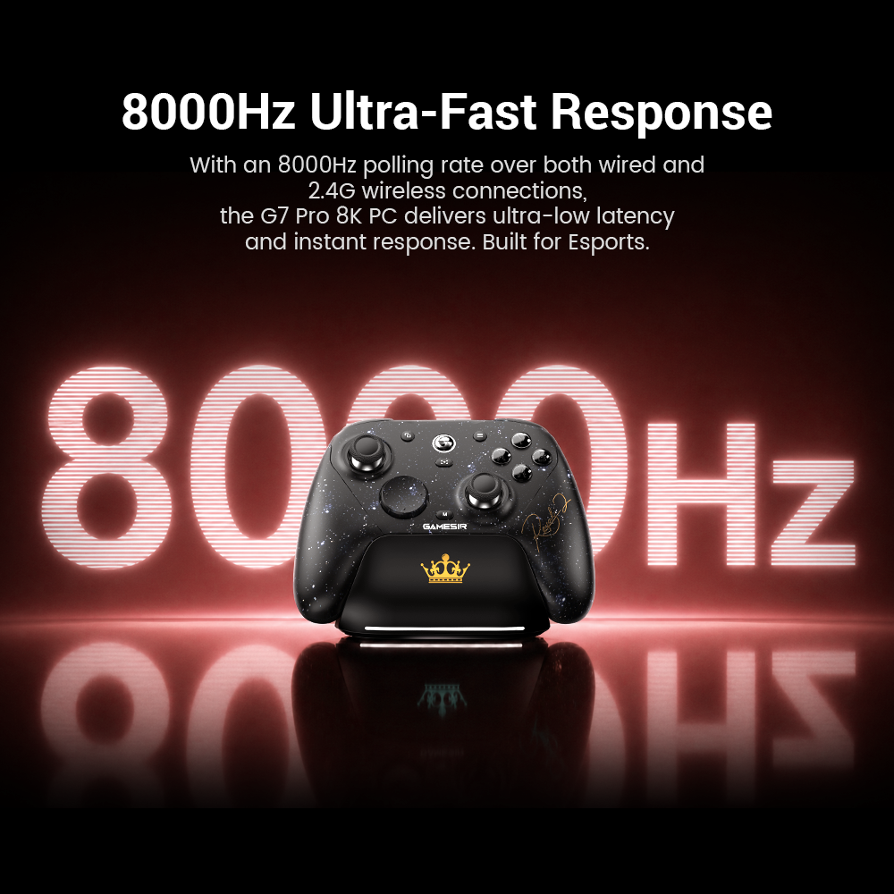 Gamesirs G7 Pro 8K: The Ultimate Esports Controller8000Hz Ultra-Fast Response: Achieve elite-level performance with an 8000Hz polling rate supported over both wired and 2.4G wireless connections. This ensures ultra-low latency and near-instant response times for competitive gaming.