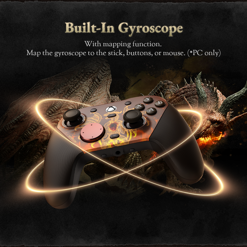 In Gyroscope feature of the Gamesirs G7 Pro Dragon's Dogma 2 Edition.1. Built-In Gyroscope (PC Only)The integrated gyroscope allows for motion-based control, significantly enhancing gameplay on PC:Advanced Mapping: Through the Gamesirs Nexus software, the gyro can be mapped to the joystick (for motion-aiming), buttons, or even a mouse.Intuitive Aiming: This is particularly useful for fine-tuning shots with bows or magic in Dragon's Dogma 2, allowing for natural, tilt-based aiming adjustments.2. Mag-Res™ TMR SticksThis is the first officially Xbox-licensed controller to feature TMR (Tunneling Magnetoresistance) technology.The Hybrid Advantage: TMR sticks offer a 