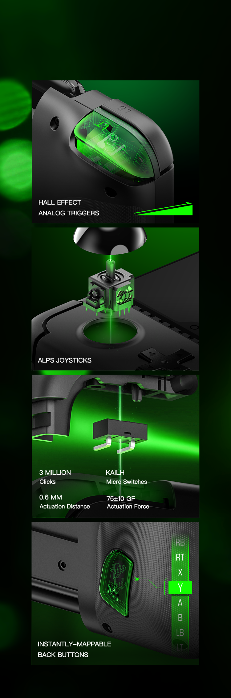 X2 Pro controller features: Hall Effect triggers (0.1mm precision), Alps 3D joysticks, Kailh bumpers (0.6mm actuation), and mappable back buttons for pro gaming