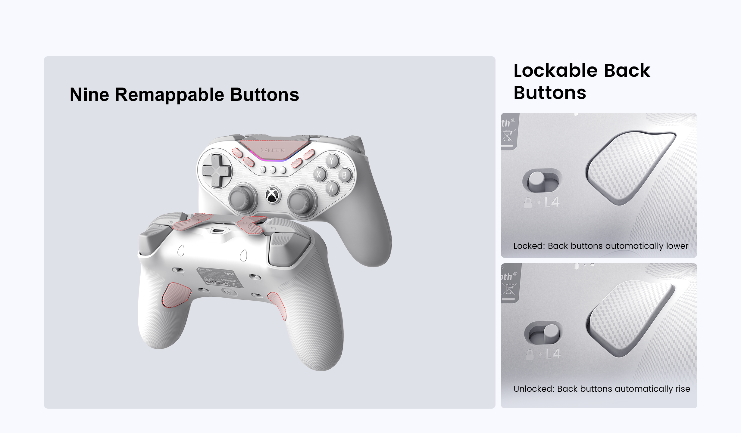 e GameSir Tarantula Pro for Xbox.These features are designed to give competitive players surgical control over their layout and prevent accidental inputs. Here is the technical breakdown:1. Nine Remappable ButtonsThe controller offers a massive array of programmable inputs beyond the standard Xbox layout, allowing players to keep their thumbs on the sticks at all times:Physical Layout:Two Back Buttons: Large ergonomic paddles on the rear grips.Two Top Mini-Bumpers: Located on the shoulder between the standard triggers and bumpers.Five Extra Front Buttons: A specialized cluster of buttons on the face of the controller (positioned around the center and ABXY area) for quick thumb access.Remapping: Through the GameSir Nexus software (on Xbox or PC), every one of these nine buttons can be reassigned to any other controller function or complex macros.2. Lockable Back Buttons (Retractable Mechanism)This is a unique mechanical feature found in the Tarantula series that solves the common problem of accidental back-button presses:Locked Mode: When you slide the physical toggle switch to the 