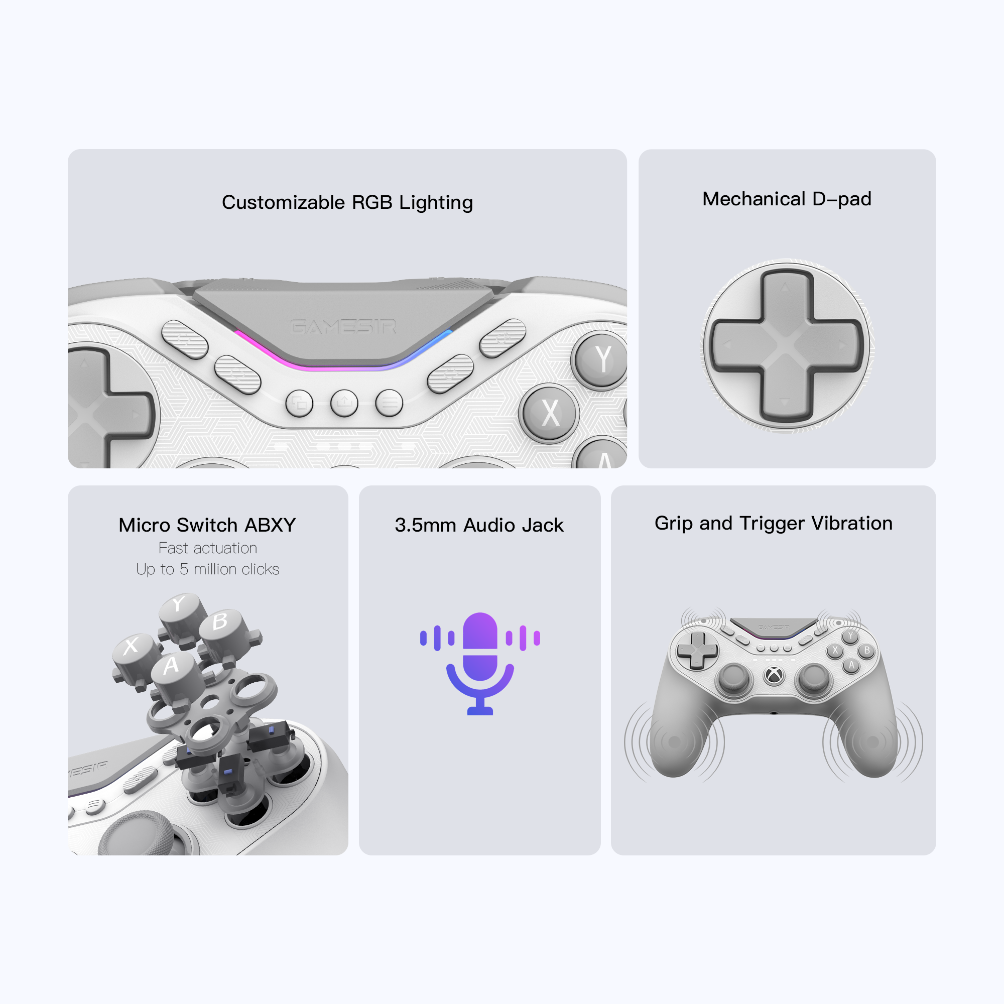 1. Customizable RGB LightingThe controller features a v-shaped dynamic light strip located in the center console. Through the GameSir Nexus software, players can customize colors, brightness, and lighting effects (such as breathing or cycling) to match their gaming setup.2. Mechanical D-padThe directional pad utilizes Mechanical Tactile Switches. Unlike traditional 