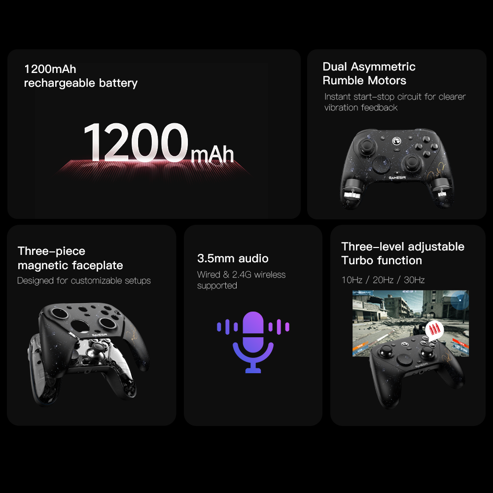 Gamesirs G7 Pro 8K: The Ultimate Esports Controller1200mAh Rechargeable Battery: High-capacity battery for long-lasting gaming sessions.Dual Asymmetric Rumble Motors: Features an instant start-stop circuit for clearer and more precise vibration feedback.Three-piece Magnetic Faceplate: Designed for easy removal and customizable setups.3.5mm Audio: Supports audio connectivity via both wired and 2.4G wireless modes.Three-level Adjustable Turbo Function: Includes three speed settings: 10Hz, 20Hz, and 30Hz.