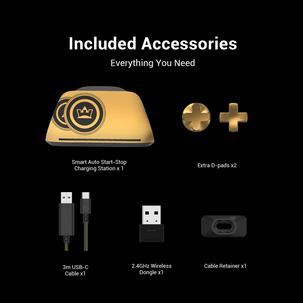 The Included Accessories for the Gamesirs G7 Pro 8K PC Champion Edition, a flagship wireless esports controller bundle co-created with world fighting game champion XiaoHai.1. Smart Auto Start-Stop Charging Station (x1)Themed Design: This gold-and-black magnetic dock features a crown icon on the front, representing XiaoHai’s status as a champion. It also showcases icons commemorating his 2024 & 2025 EWC (Esports World Cup) victories.Smart Functionality: It features an 