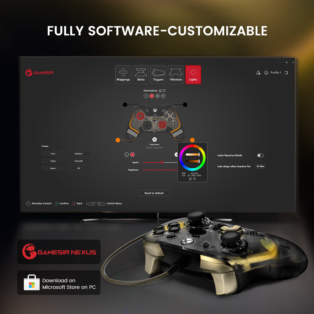 Gamesirs Software Interface displaying firmware updates, dead zone adjustments, and button customization options