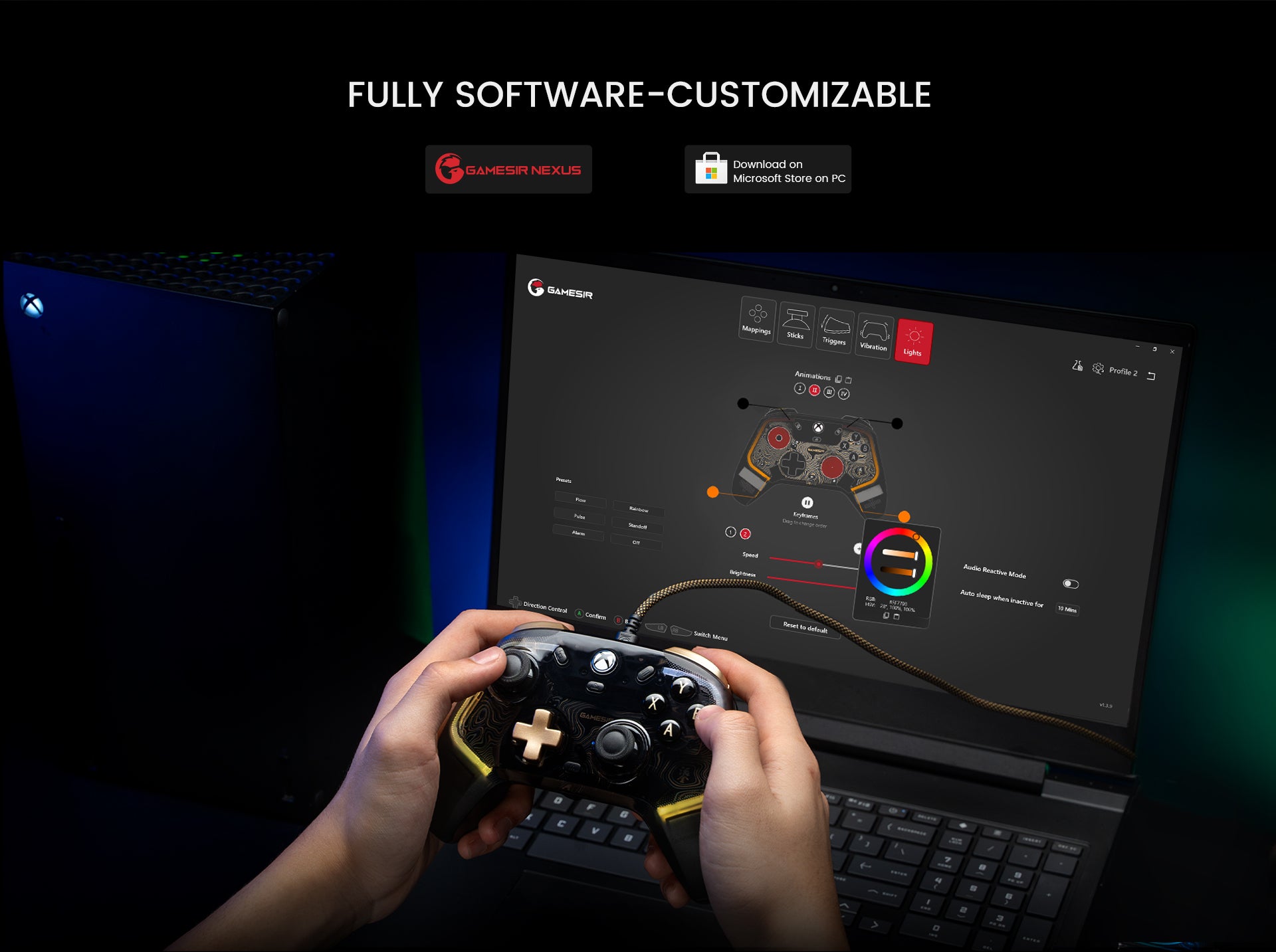 Gamesirs Software Interface displaying firmware updates, dead zone adjustments, and button customization options