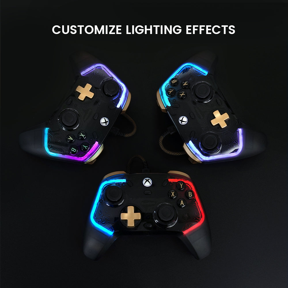 Customizable RGB lighting with 4 effects and adjustable brightness on Gamesirs Kaleid Flux controller