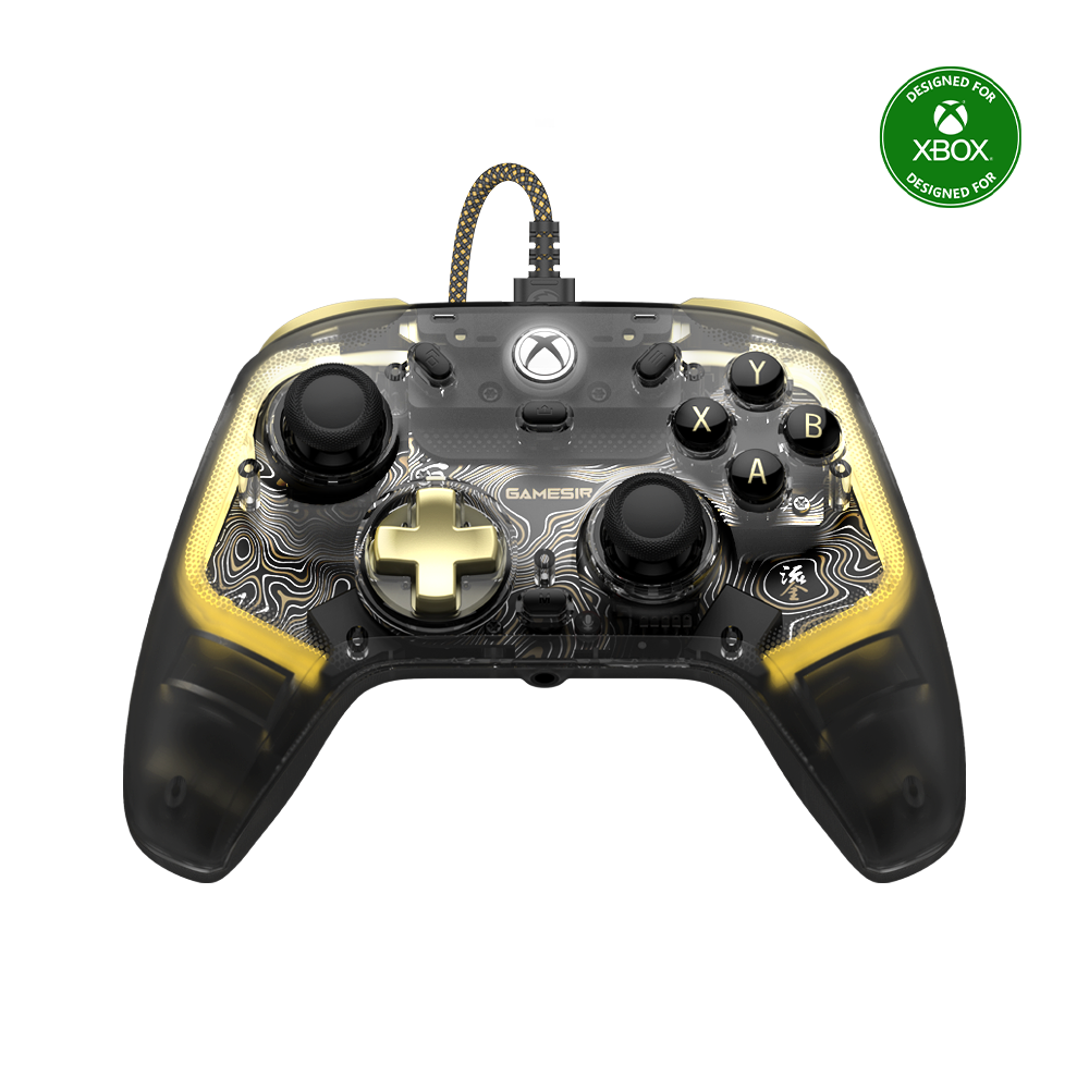 Gamesirs Kaleid Flux Xbox wired controller with transparent body and customizable LED lights.
