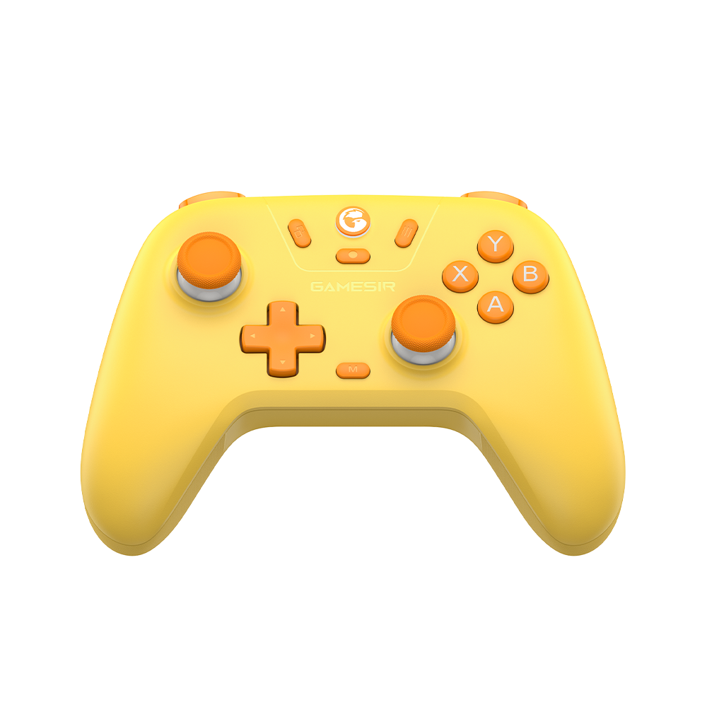 Gamesirs Nova Lite Multiplatform Controller in yellow and orange design with Hall Effect sticks and analog triggers.