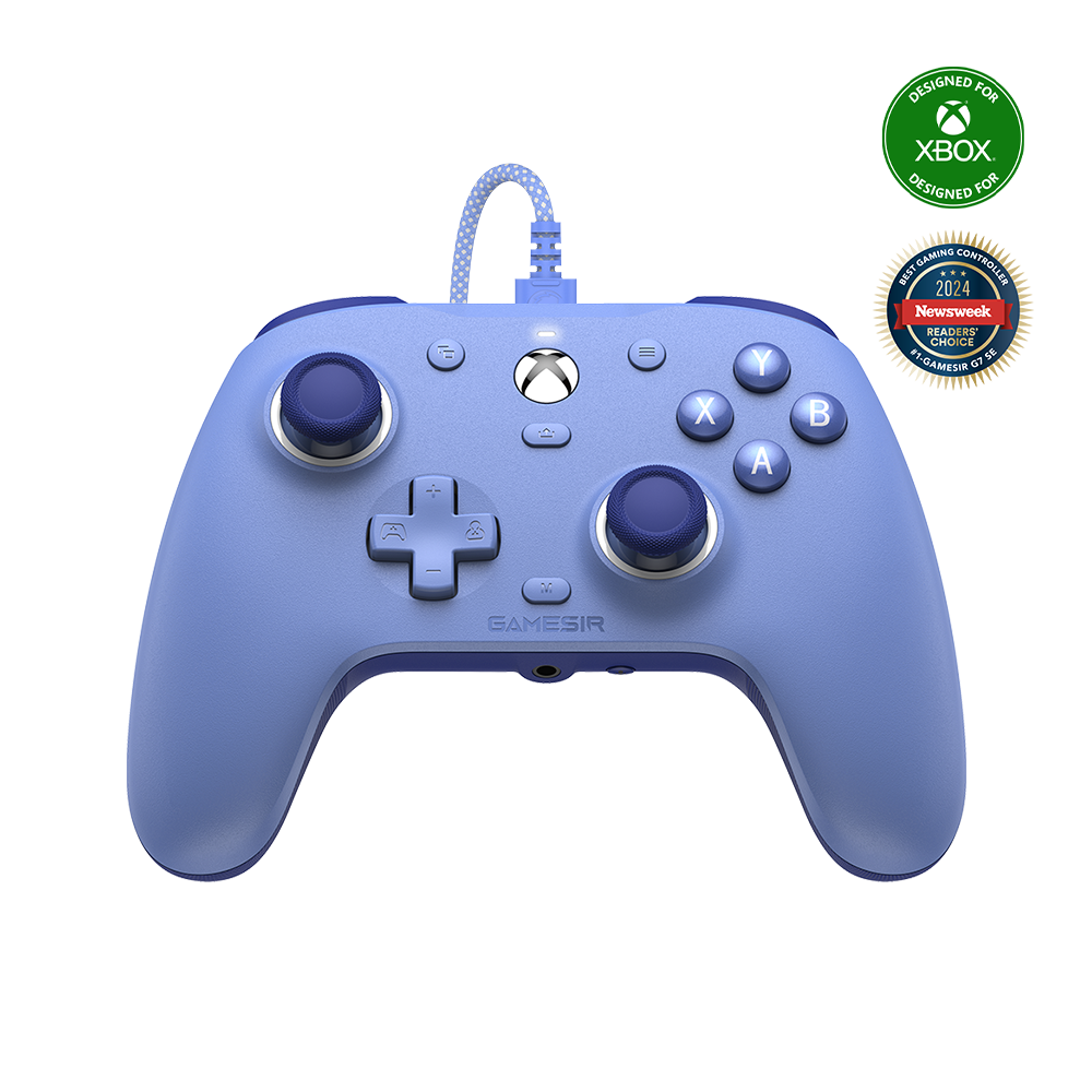 Gamesirs G7 SE Xbox Wired Controller in radiant purple with magnetic faceplate and Hall Effect sticks.