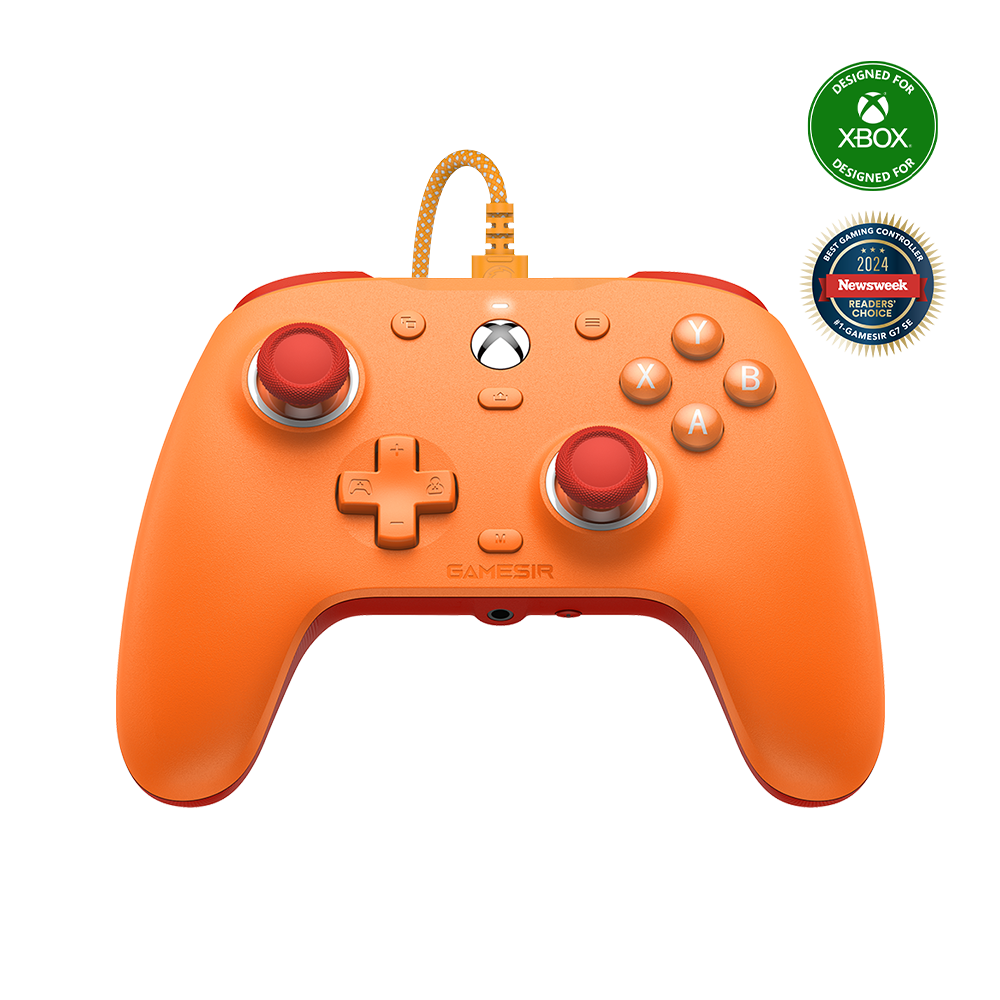 Gamesirs G7 SE Xbox Wired Controller in vibrant orange with magnetic faceplate and Hall Effect sticks.