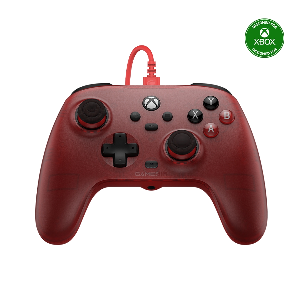 Gamesirs T7 Xbox Wired Controller in red with Hall Effect sticks, triggers, and rumble motors for immersive gaming.