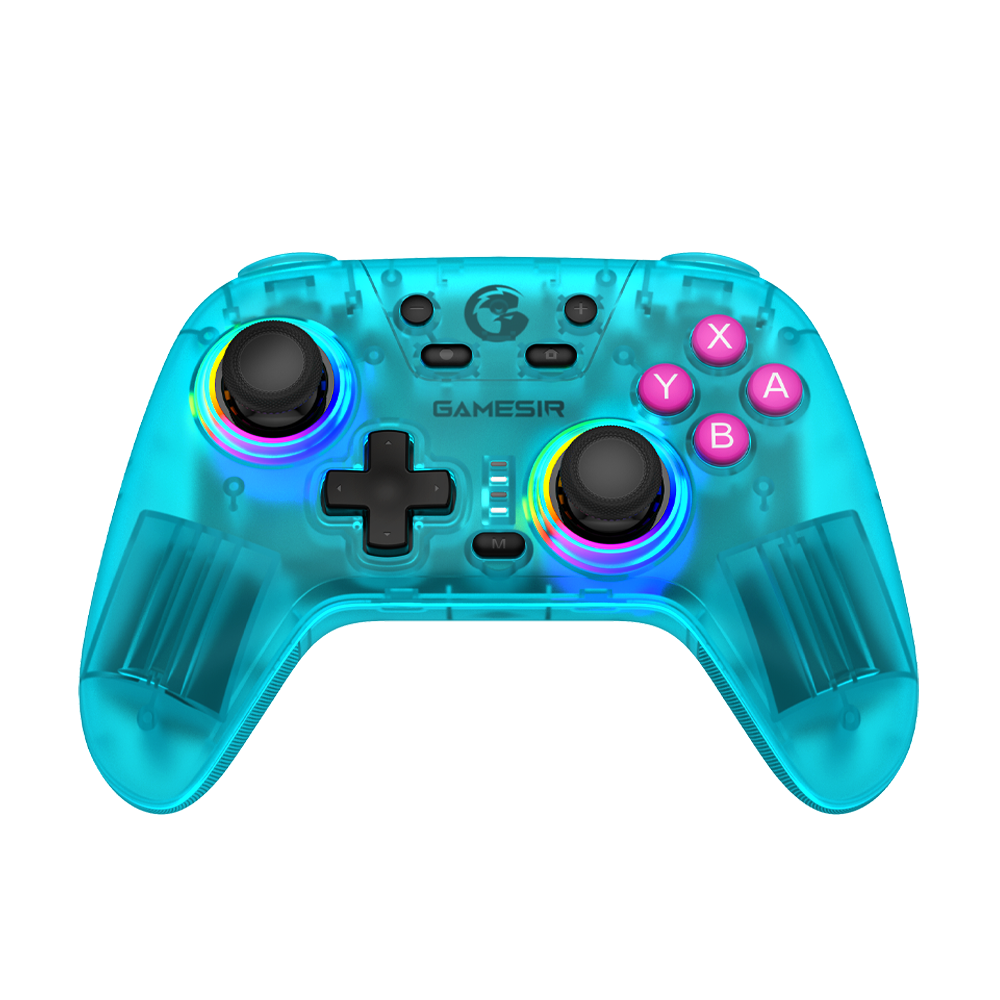 Gamesirs Nova HD Rumble NS Controller in Neon Teal with lighting effects.