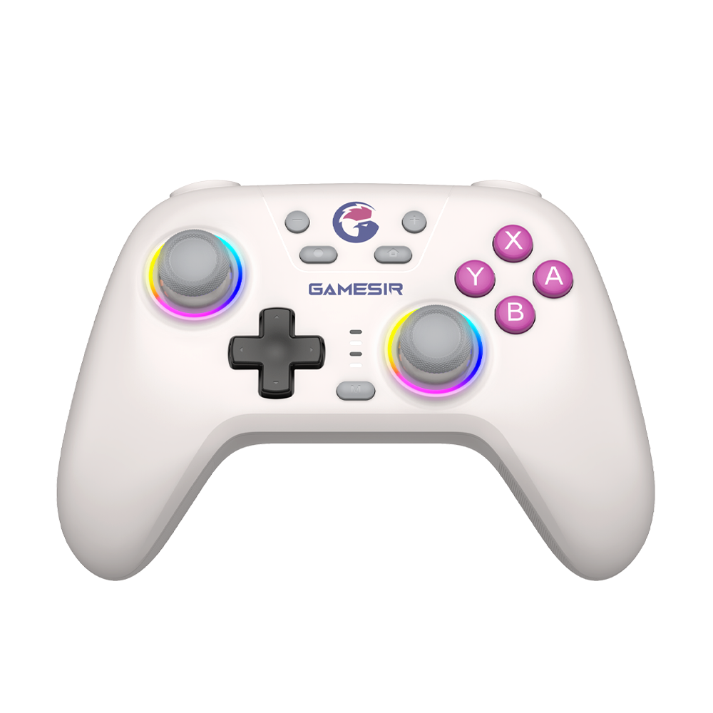 Gamesirs Nova HD Rumble NS Controller in Retro White with colorful lighting effects.
